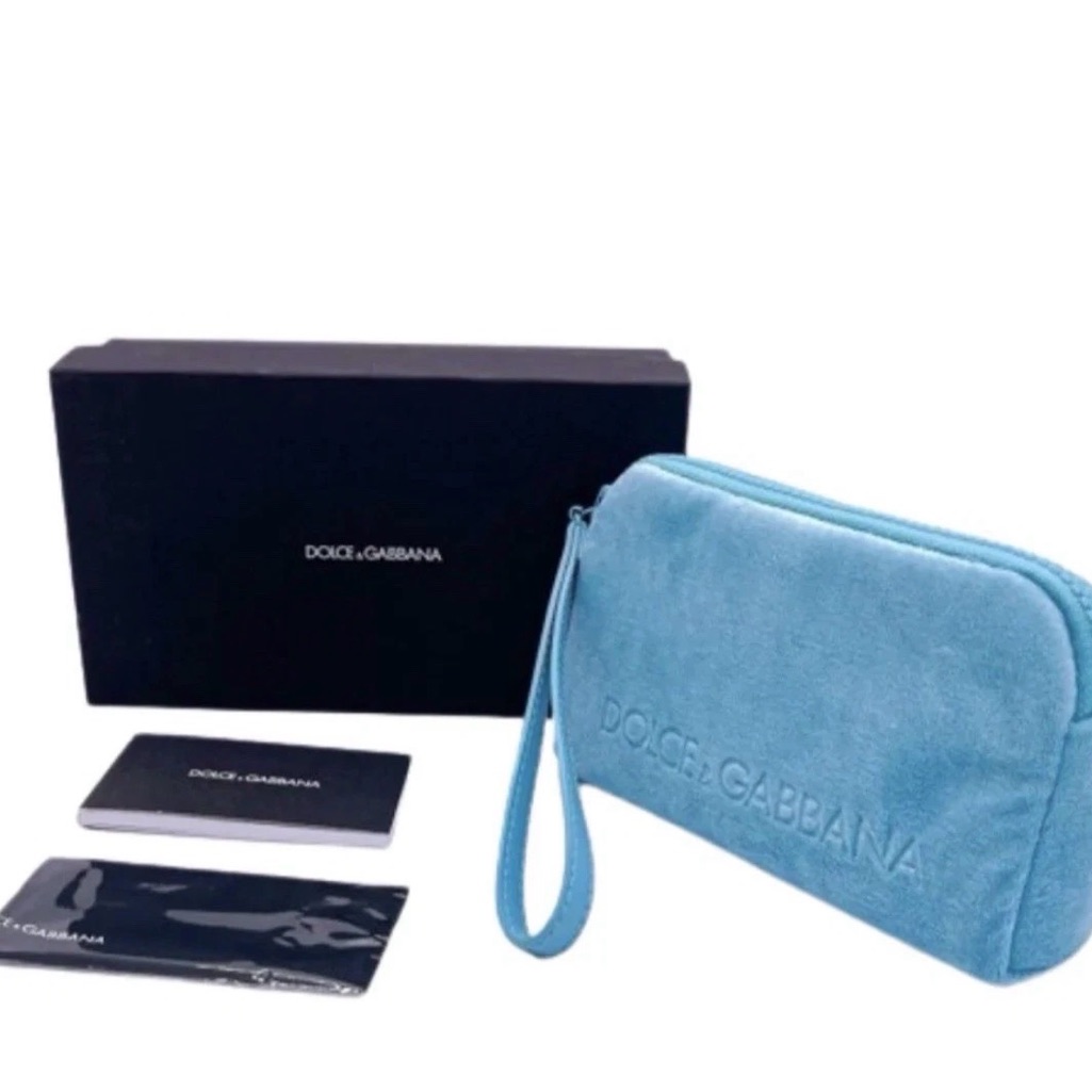 Brand New Dolce  Gabbana Light Blue Suede Wristlet Pouch And Box